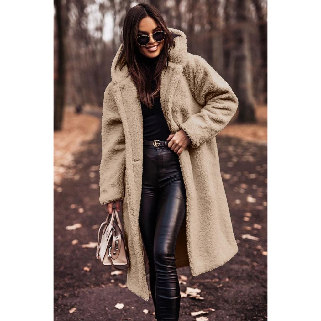 Damen Kapuzen Langarm Teddy Mantel Lockerer Schnitt Alpaka Fleece Tasche Winter Freizeit Übermantel
