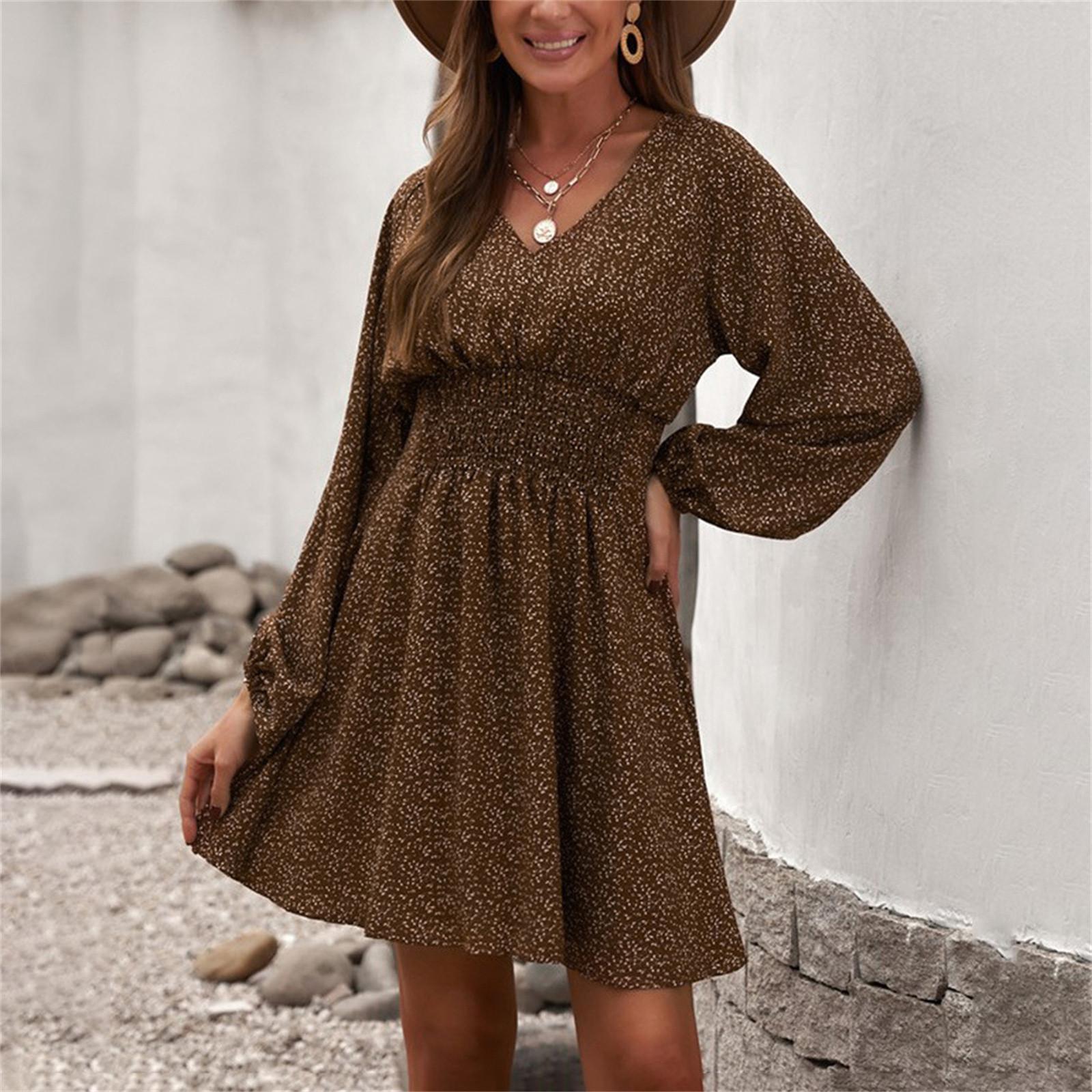 Women s Summer Floral Print Ruched Dress V Neck Long Sleeve Swing Casual Chiffon Dress M коричневый