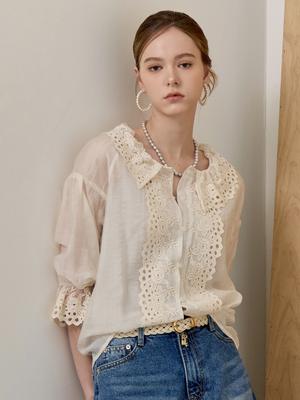 MAXZA Round Collar Eyelet Lace 3/4 Sleeve Blouse