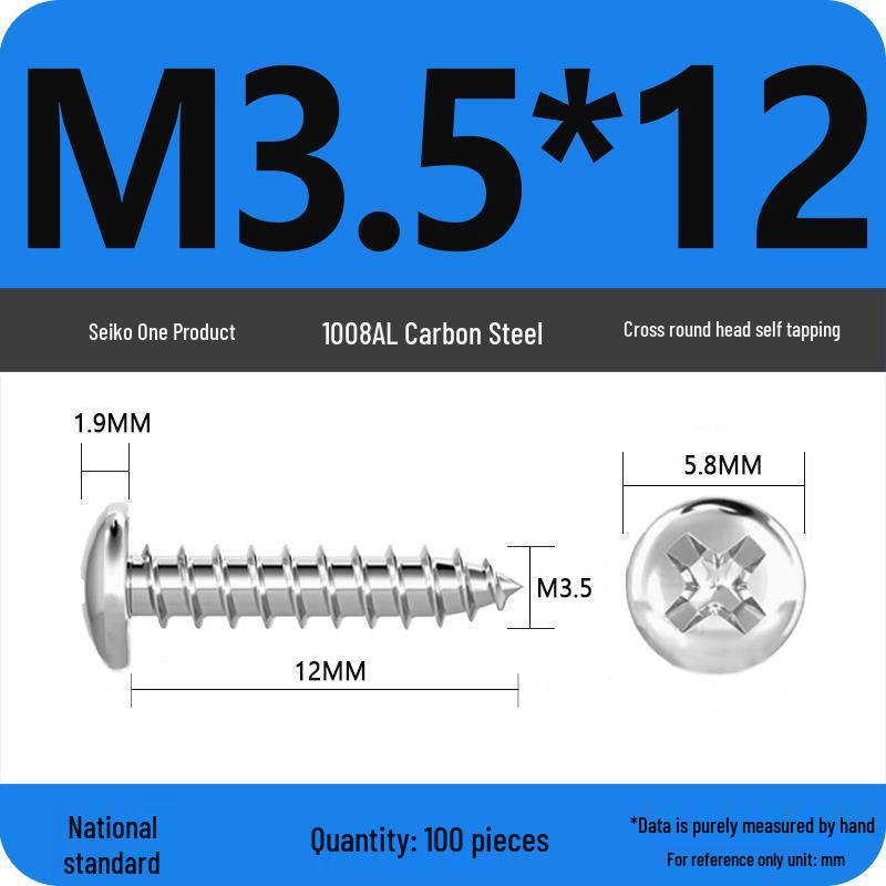 Galvanized Self-Tapping Screws, Round Head, White Zinc, PA Cross Pan, Pointed Tail M1.2-M4