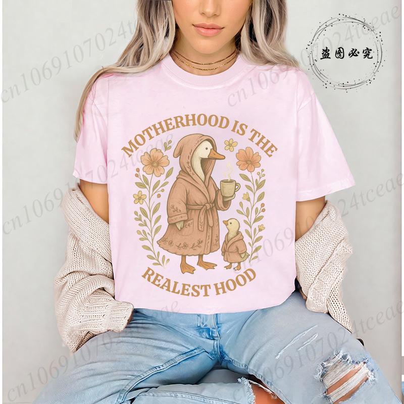 Funny Mom Shirt,Mom Goose T-Shirts,Motherhood Is The Realest Hood Tee, Mom Gift,Boho Retro Mama Women's Shirt T-Shirts Tops