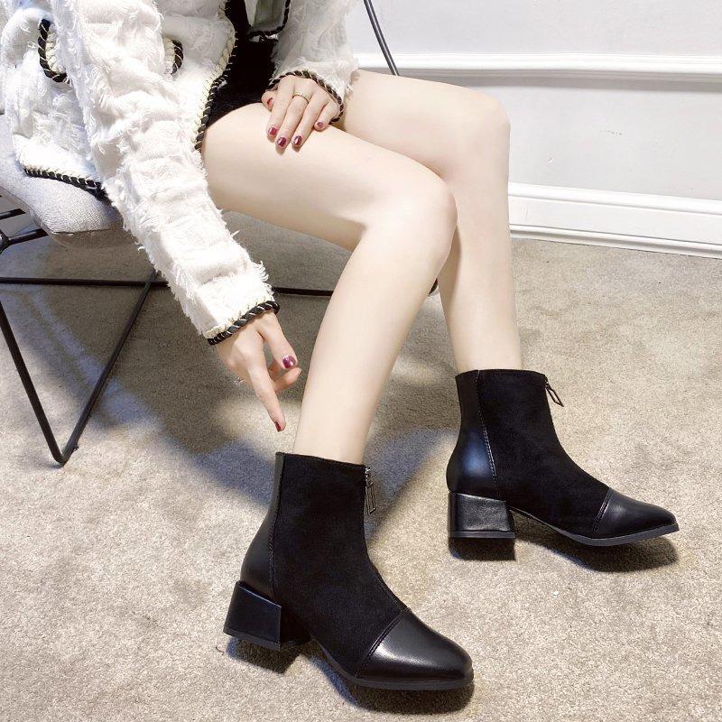 New suede women's shoes 20 autumn and winter fashion front zipper middle heel short boots women's Korean version women's casual women's boots