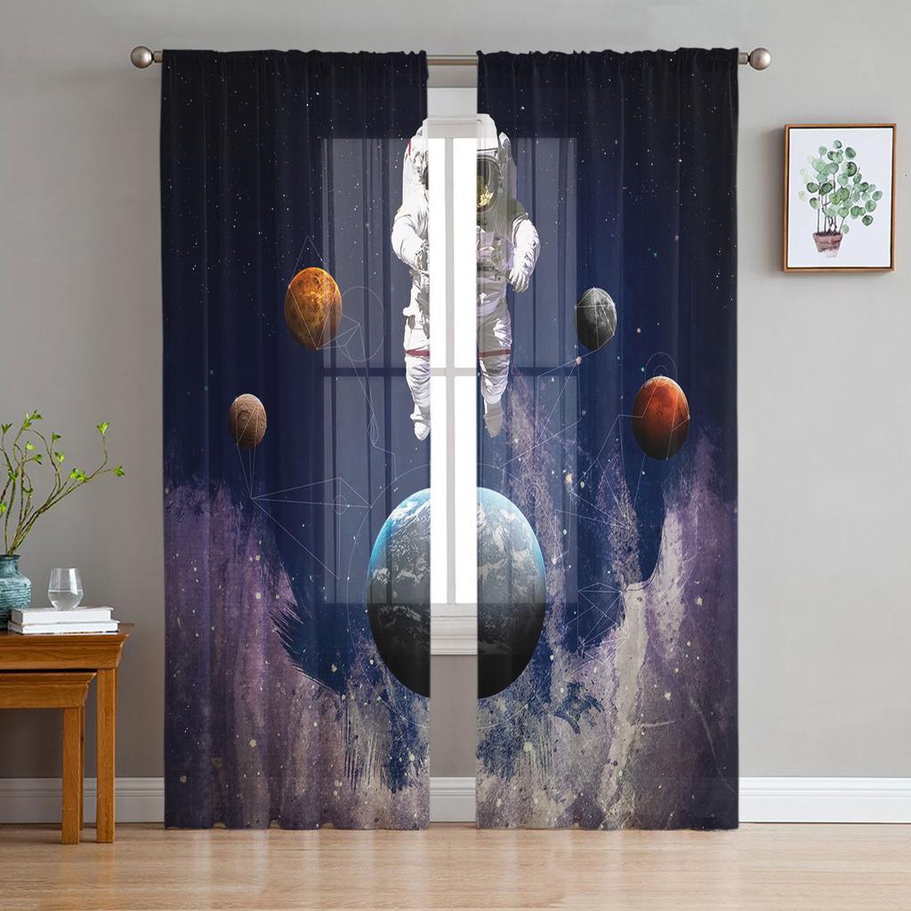 Zasłony Przezroczyste do Pokoju Młodzieżowego Rakieta Kosmiczna Planeta Zasłony do Kuchni Gabinetu Dekoracje Świąteczne do Salonu Zasłony Tiulowe
