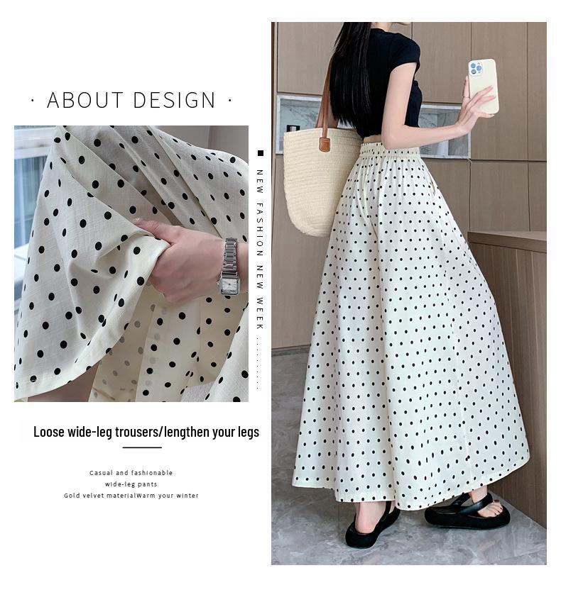 2024 Women's High-Waist Polka Dot Wide-Leg Skirt Pants - Korean Style, Summer, Nine-Point Length