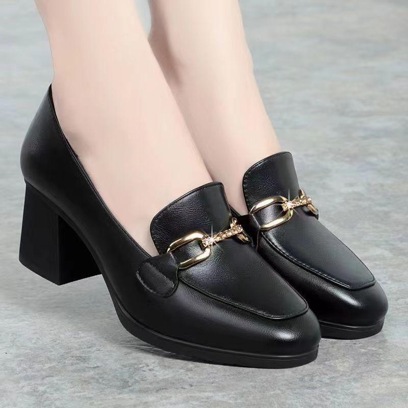 British style soft leather round head women's metal decoration low-top one-pedal thick-heeled women's shoes