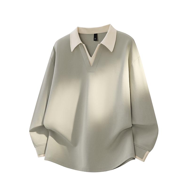 Men's Plus Size Winter Hoodie Polo Shirt, Patchwork V-Neck Base Layer, Thickened Two-Piece Style