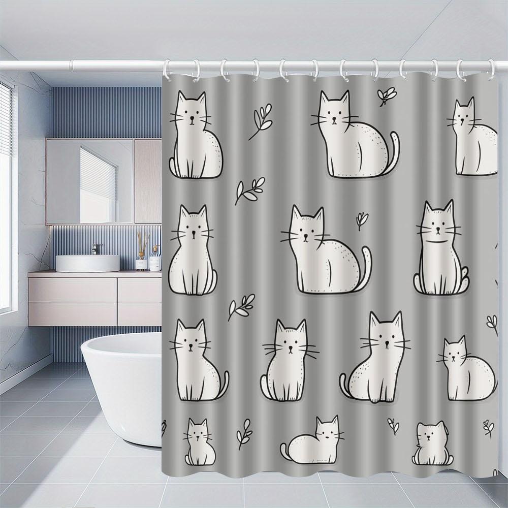 Cute White Cat Pattern Shower Curtain Waterproof Easy To Clean Privacy Protection Print Kawaii Pet Art Design Minimalist 12Hooks