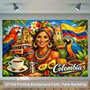 2D Tropische Colombiaanse Achtergrond, Feestelijk Cultuurtafereel met Papegaaien, Koffie & Fruit Wandkleed