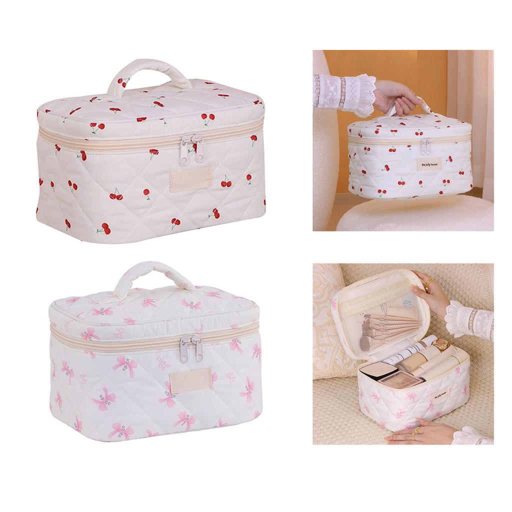Aesthetic Bowknot Quilted Makeup Bag Large Capacity Travel Cosmetic Storage for Trendy Women and Ladies Daily Use