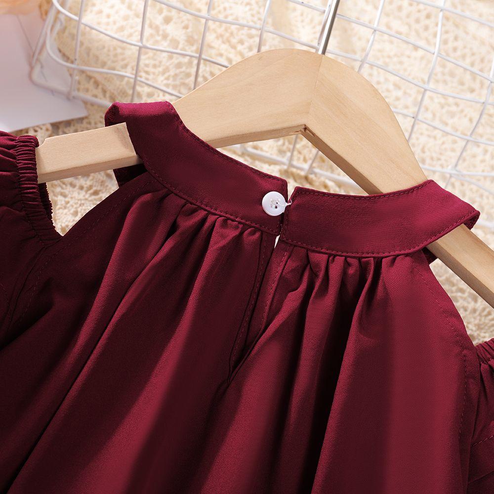 Summer Girls' Korean Dress Solid Color Round Neck Off Shoulder Princess Dress Girls' Stylish Children's Summer Outfit