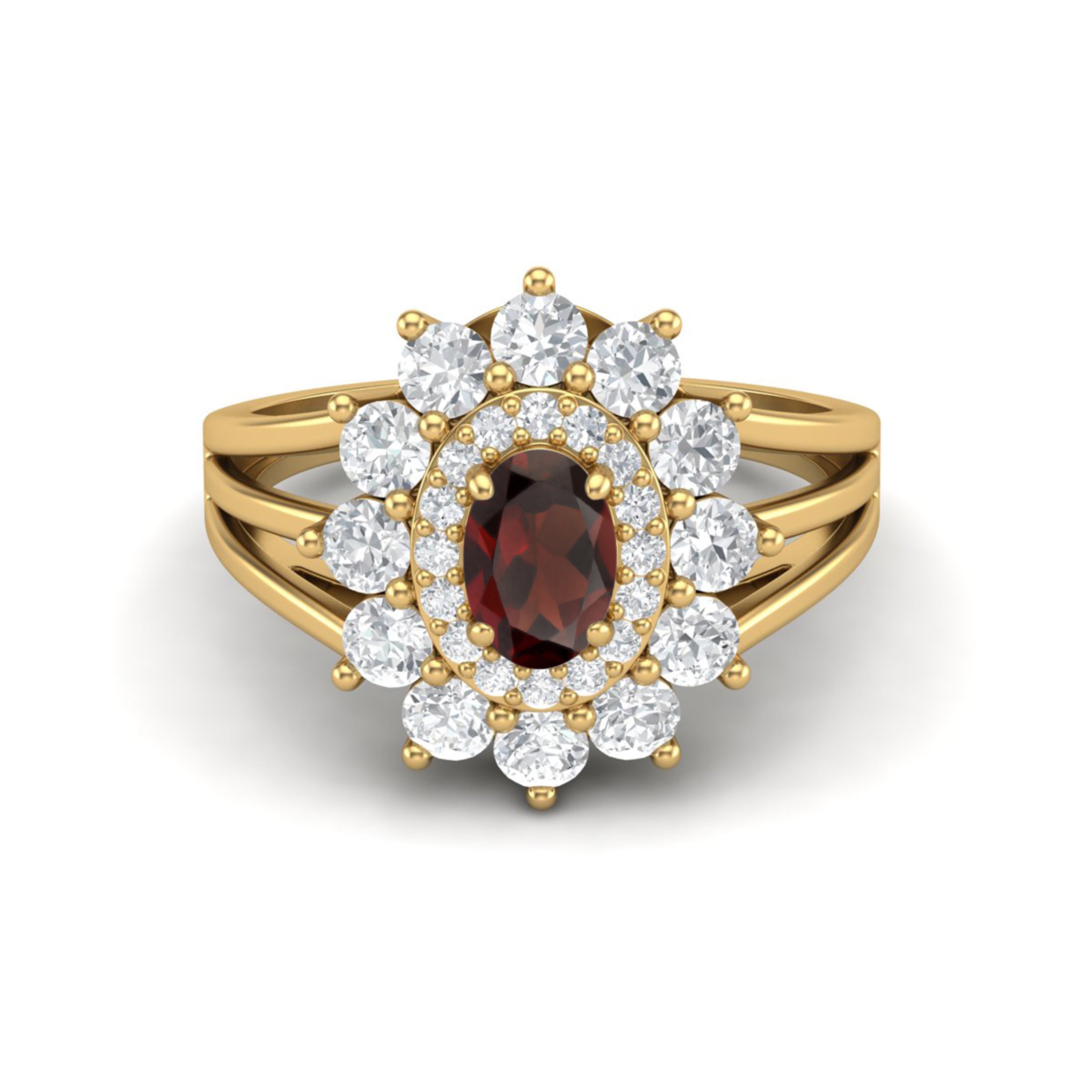 

6X4MM Oval Garnet Gemstone 925 Sterling Silver Gold Plated Halo Split Shank Ring 8.5 жовтий