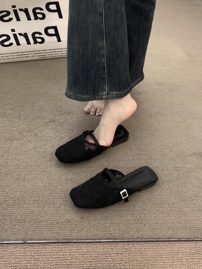 Niche mesh premium baotou half-drag sandals women's shoes 2025 new summer vacation style French with evening shoes