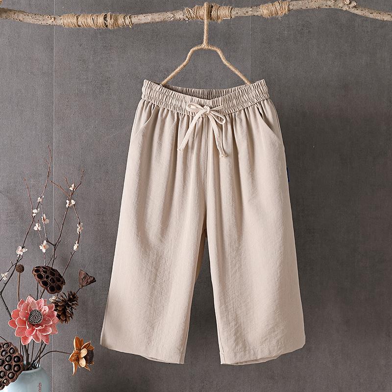Women's High Rise Drawstring Waist Wide Leg Capri Pants Loose Fit Vintage Linen Blend Cropped Trousers