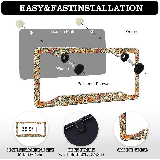 Floral Print License Plate Frames - 2 Pack Beautiful Vintage Flower License Plate Frame Holder Covers, Aluminum Metal Rust-Proof Waterproof Car Tag