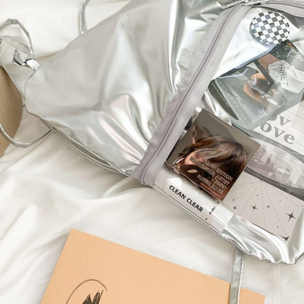 Transparent Pocket Korean Style Itabag Silver PU Shoulder Bag Portable Drawstring  Backpack  Women