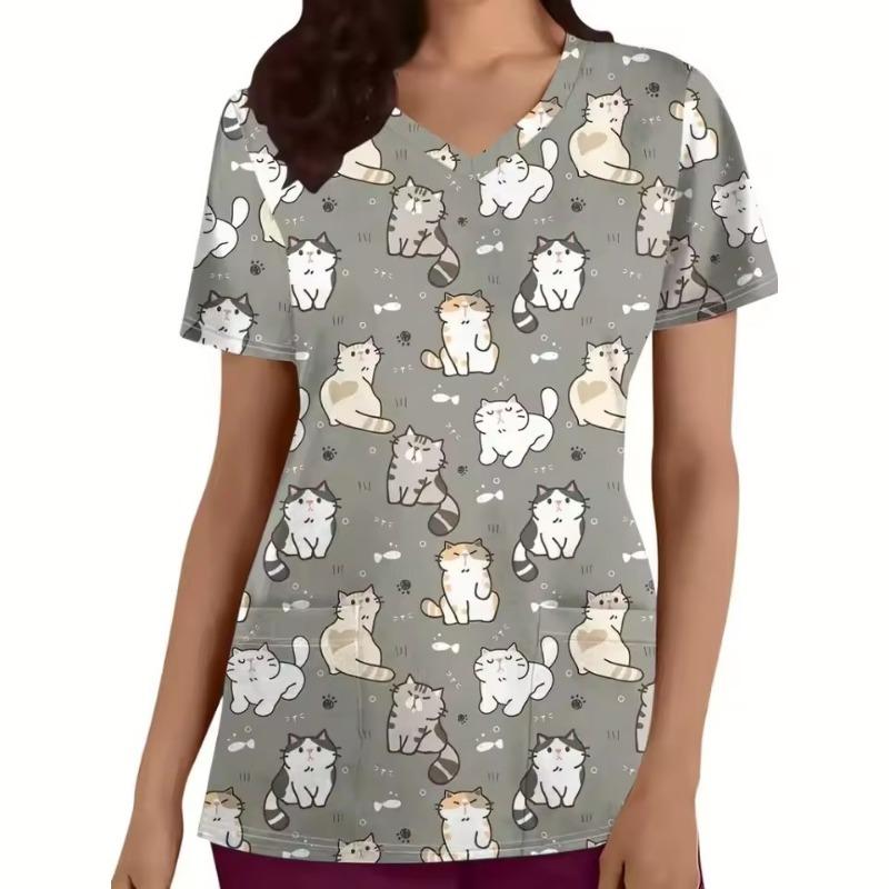 

Клиническая униформа женская милый кот мультяшный принт модная микроэластичная с коротким рукавом скрабы женская повседневная V-образный вырез ветеринарная медицинская одежда 5XL