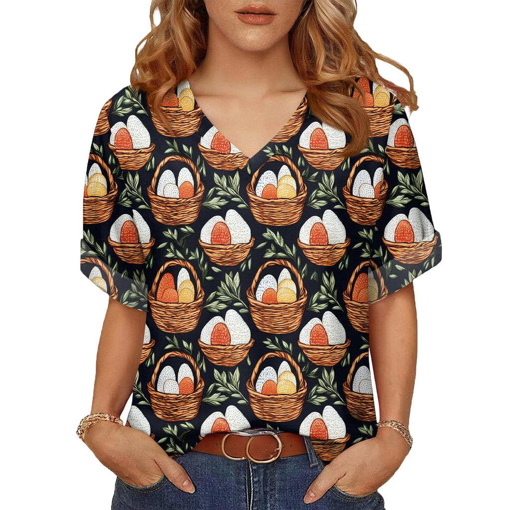 Women's Fashionable Casual Everyday Versatile Easter Print Slim-Fit Summer Short-Sleeve Top