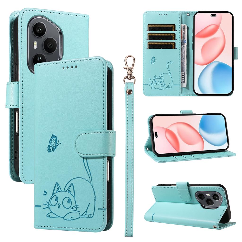 For Honor 400 Pro 5G (Global) Case Cat Pattern Imprint Leather Phone Cover with Wrist Strap