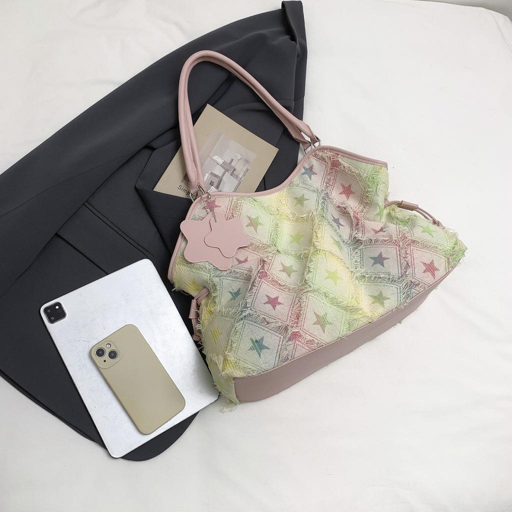 Women Denim Star Tote Bag, Large Capacity Casual Shoulder Bag Y2K Style Vintage Handbag for School, Daily & Travel With Star Pendant