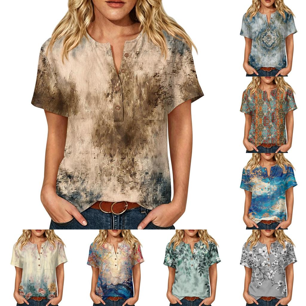 Women’s Printed Short Sleeve Henley Neck Shirt with Front Pocket Cotton Linen Material Relaxed Fit Casual Top