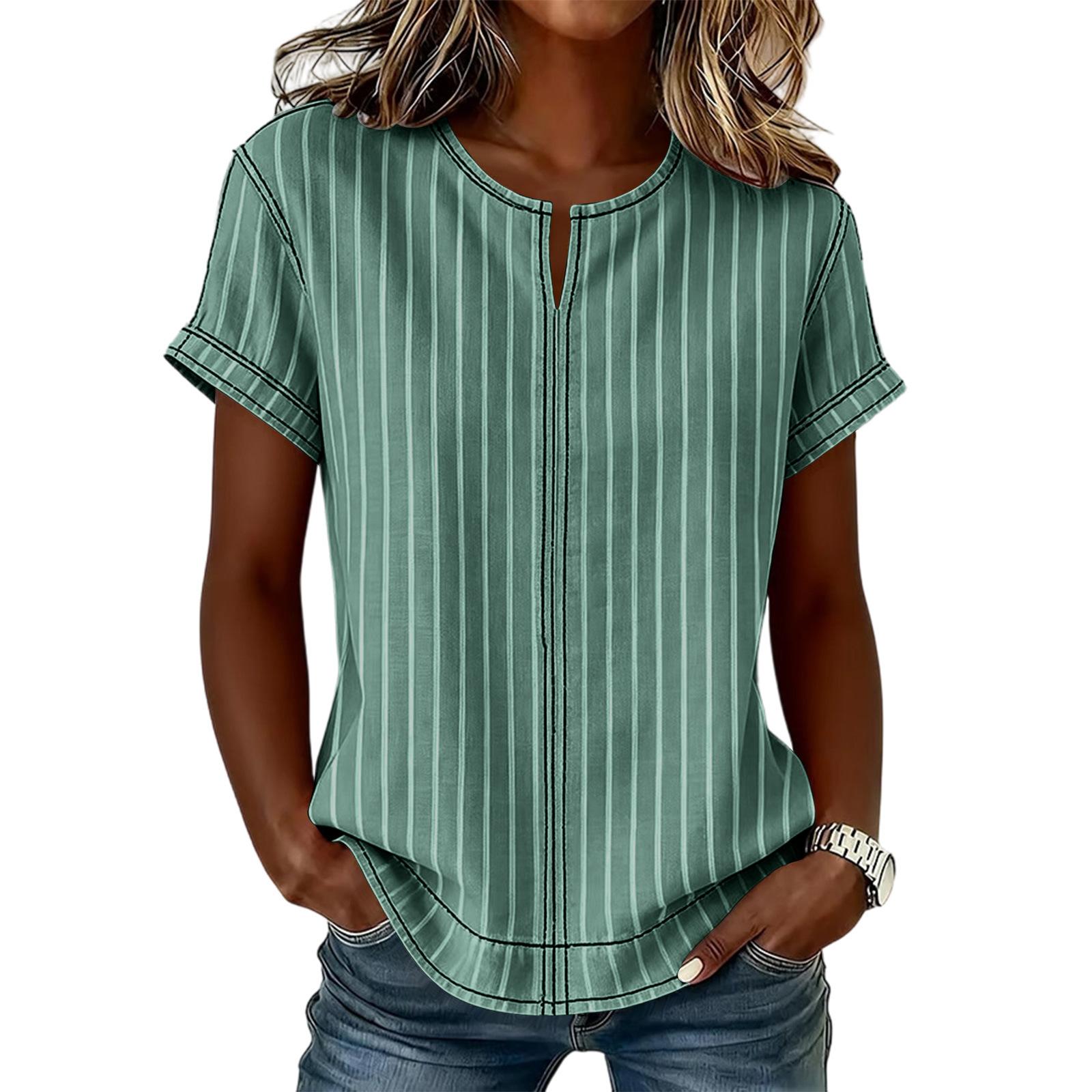 

Women s Casual Loose Fit Short Sleeve T-Shirt with Round Neck Vertical Stripe Pattern Comfortable Lightweight Top for Everyday Wear L зелёный