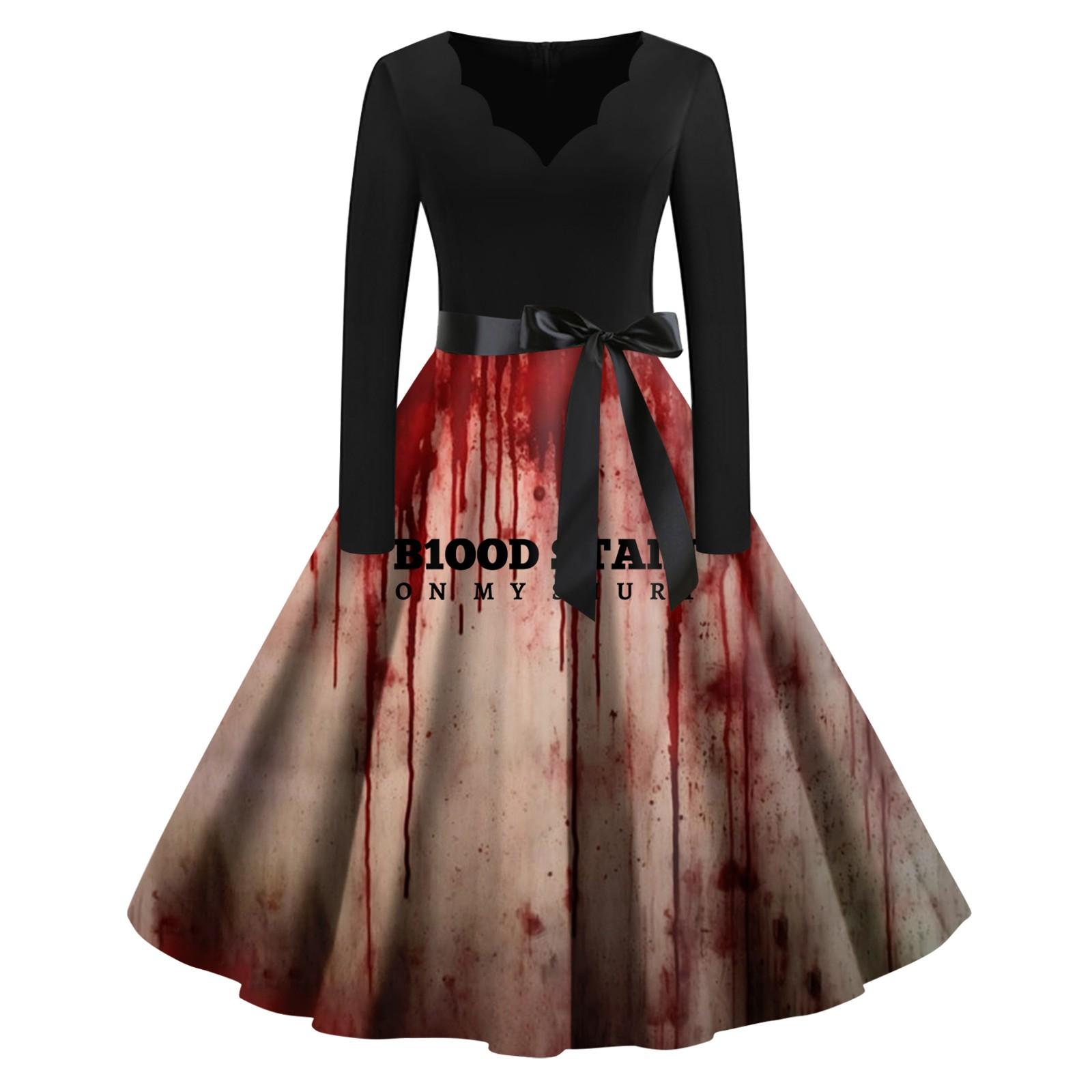 

Женское винтажное классическое платье с вырезом на талии и галстуком-бабочкой с длинными рукавами на Хэллоуин с принтом и V-образным вырезом, свободное платье XXL