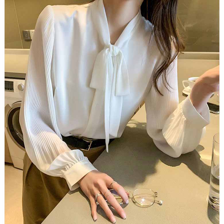 Bowknot Chiffon Shirt Women's Professional Fall Ribbon Collar Long-sleeved Loose Western-style Top