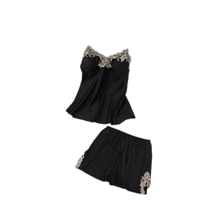 Damski zestaw piżamowy z lodowego jedwabiu i szyfonu 2025: Letnia/Wiosenna Koszulka na Ramiączkach z Wkładkami na Piersi, Cienki Fason, Dwuczęściowy Zestaw do Domu.