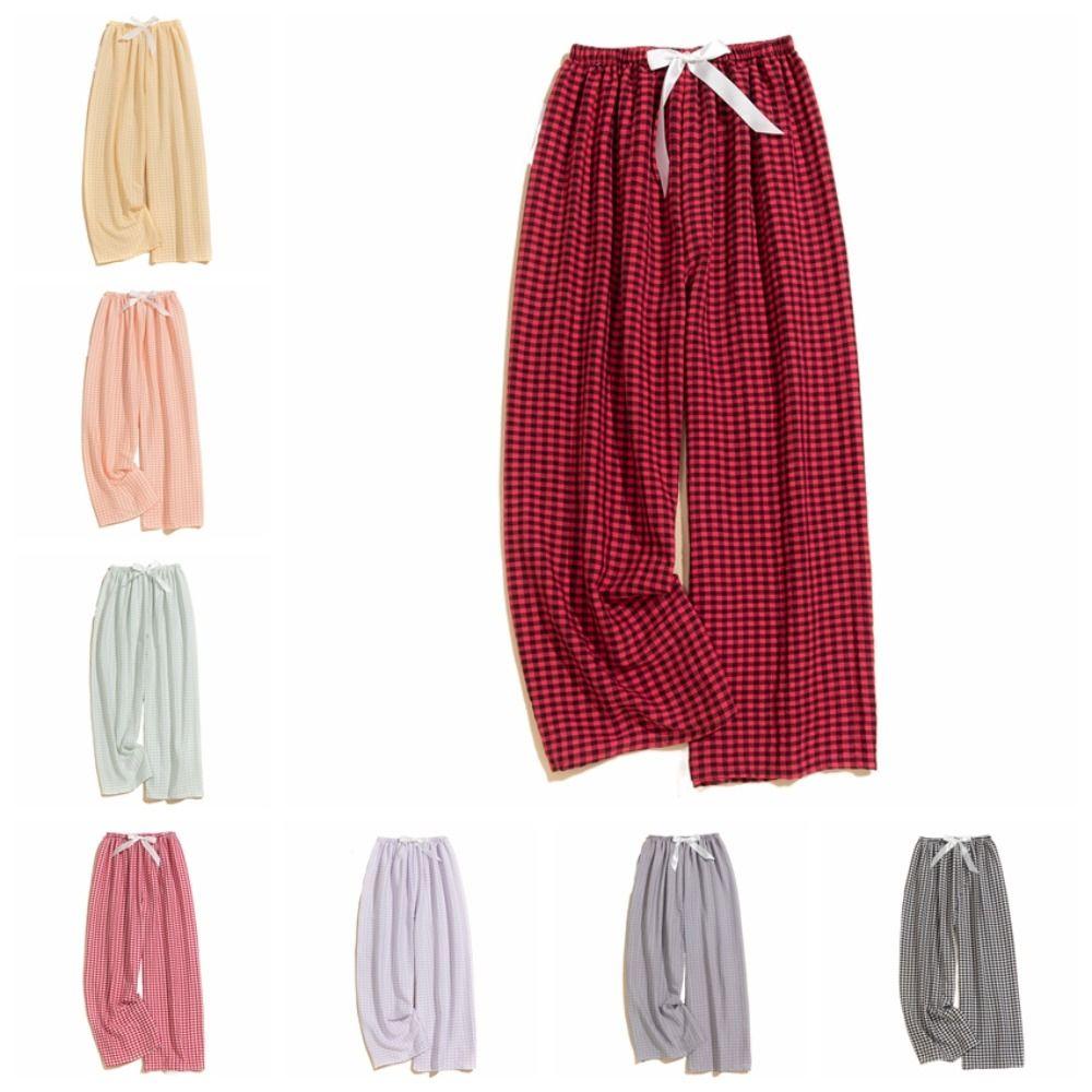 Sweet Plaid Pajama Pants High Waist Wide Leg Home Trousers Soft Casual Pants Women Spring Autumn