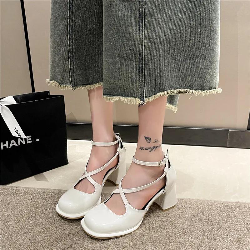 Fashion Buckle Strap Cross Low Sandals Woman Leather Suit Female Beige High Heels 2025 Summer  Shoes Low-heeled Black Comfort Hig