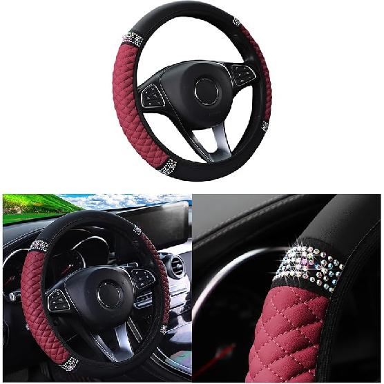 Bling Car Steering Wheel Cover, 15 Inch Rhinestones Soft Leather Elastic Steering Wheel Protector, Sparkly Crystal Diamond For Women Girls, Car