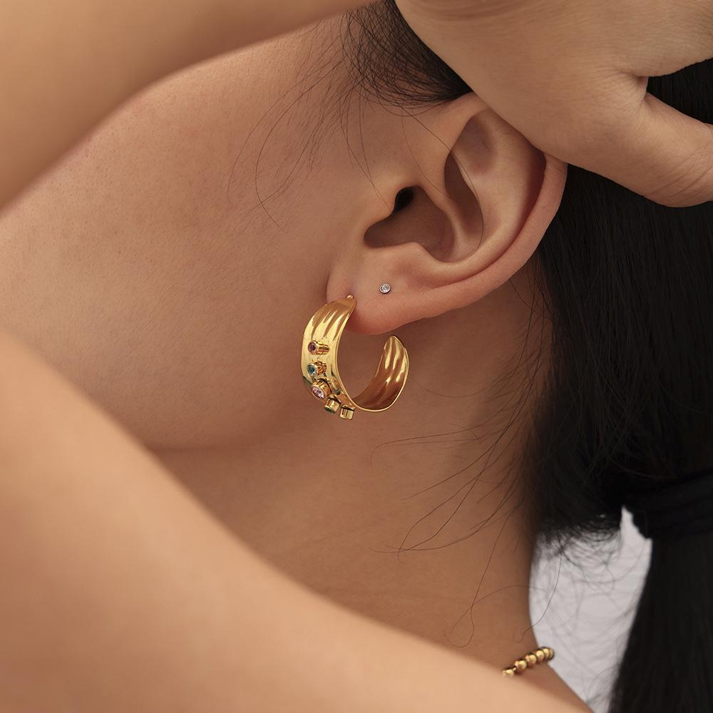 Qiong Yao Mixed Color Cubic Zirconia Open Ring C-shaped Earrings, 18K Gold Plated Stainless Steel Jewelry Set for Women