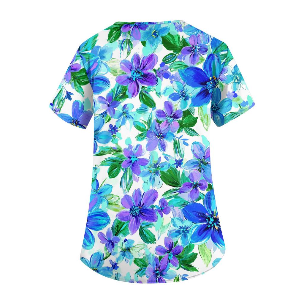 Women's Fashionable V-neck Workwear Printed Short Sleeved Pocket Side Slit Workwear Basic Pullover Top
