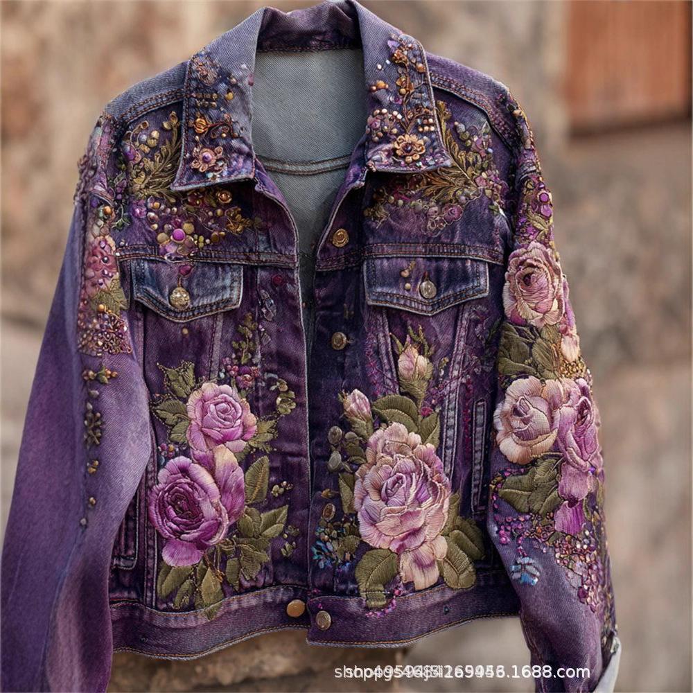 New Trendy 3D Pattern European-American Fashion High Street Denim Jacket with Lapel
