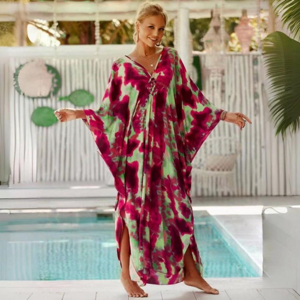 Lässige Boho Bikini Cover-ups Blattdruck Übergroßes Strand-Cover-Up Offene Vorderseite Langes Kleid Strandmode Für Damen