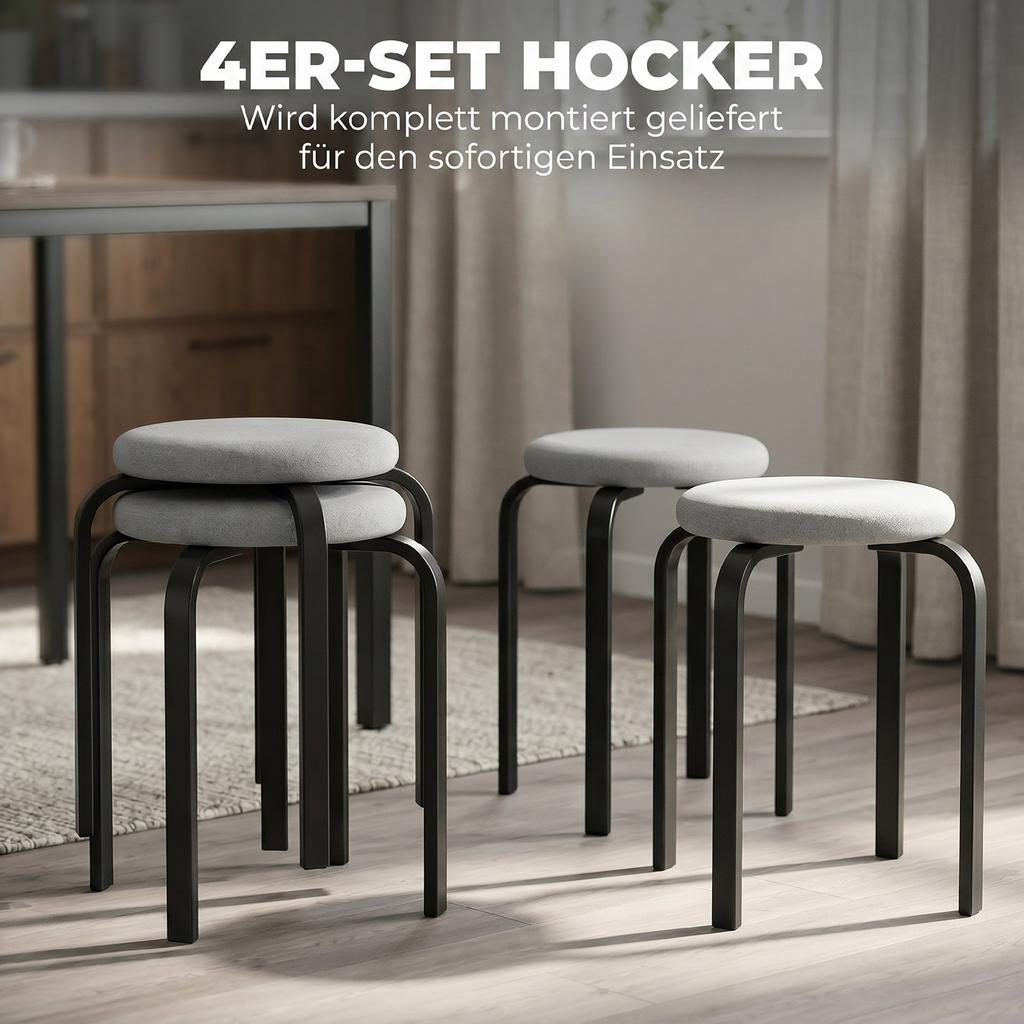 Stapelbarer Hocker Set aus 4 Stück, Moderne Polsterhocker Rund ohne Rückenlehne für Küche, Esszimmer, Grau