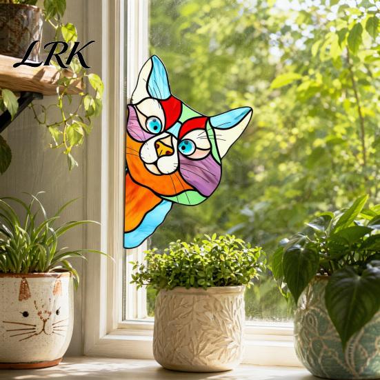 Cat Lover Gift for Windows Stained Glass Window Cling, Vintage Colorful Kitty Decal, Removable Static Artistic Decoration Sticker Door Wall