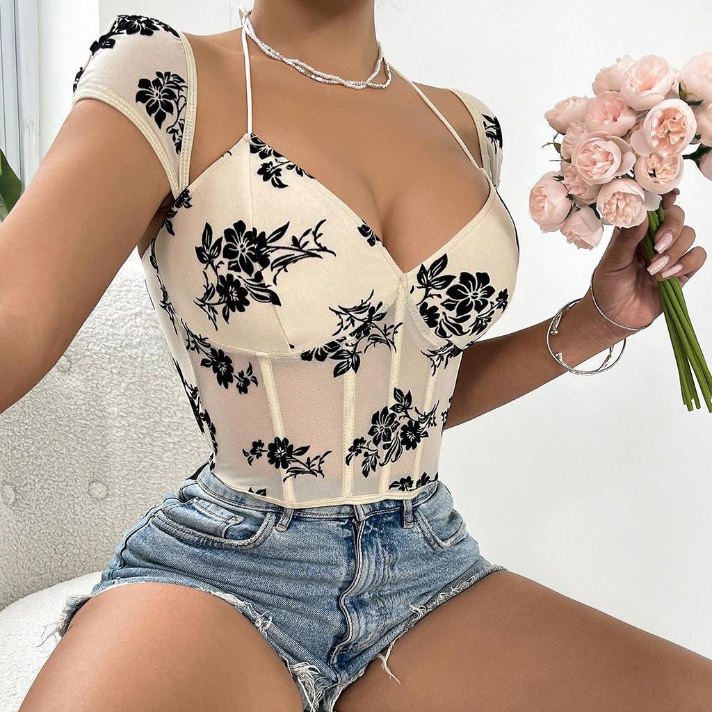 European-American Spicy Girl See-through Low-cut Lace-up Flocked Short Tank Top K0652