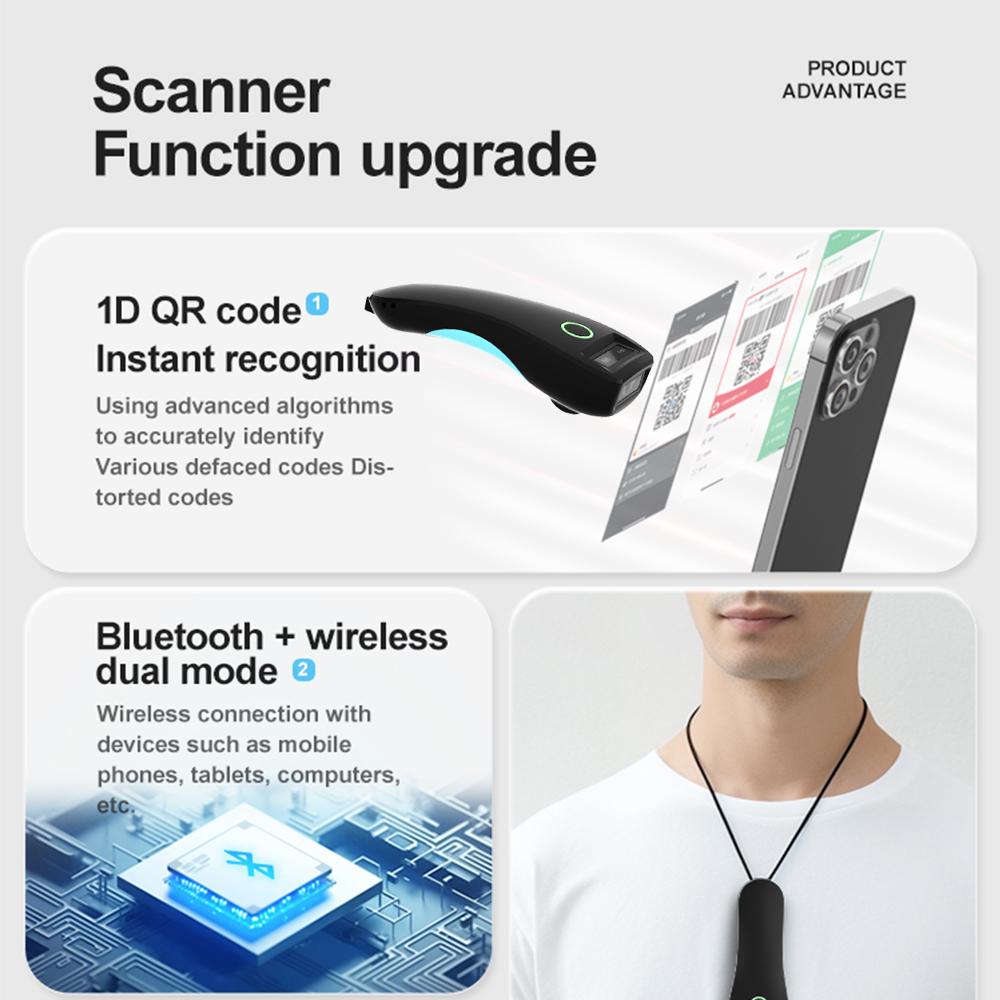 2D Barcode Scanner Bluetooth 2.4G Wireless QR Code Mini Handheld Portable Pocket Reader IOS Android PC for Mobile Payment