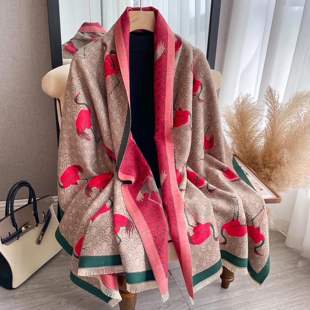 Crane Picture Imitation Cashmere Thickened Scarf Scarf Women'S Extended Printed Fashionable Simple Shawl