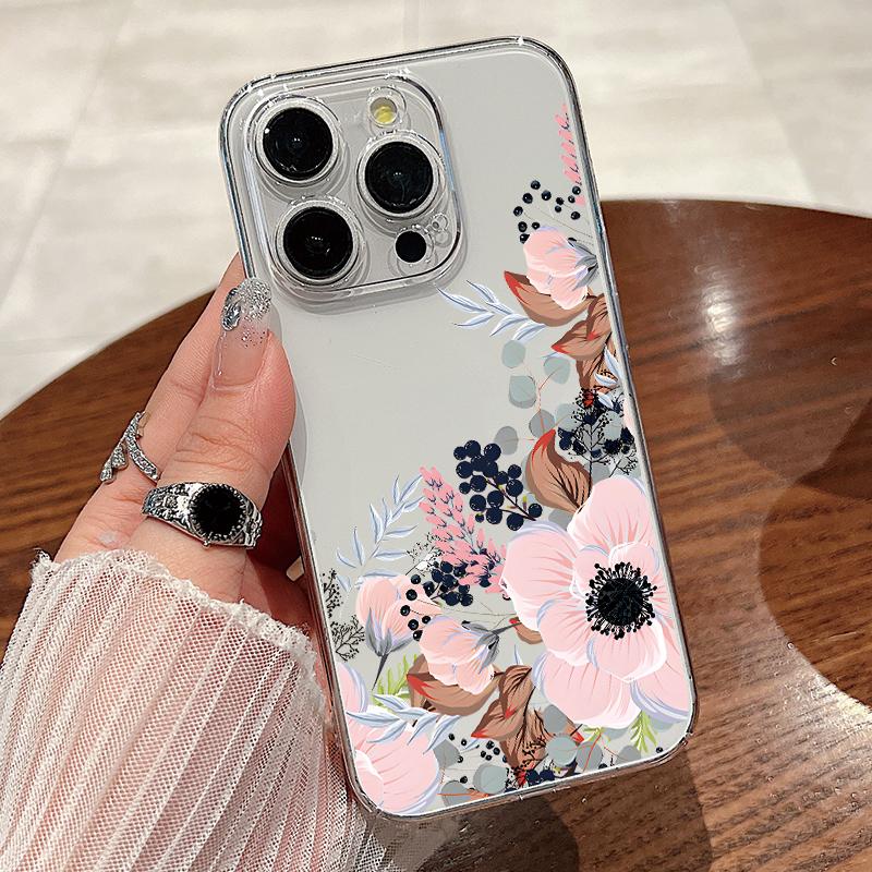For iPhone 15 Pro Max 14 13 Pro 12 11 Phone Cover Beautiful Floral Pattern Clear Shockproof Slim PC Hard Case