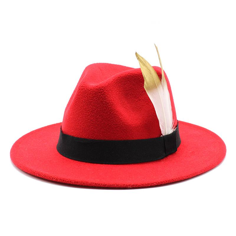 Trendy Wide-Brimmed Hat Woolen Top Hat Versatile Feather Flat Edge Jazz Hat British Style