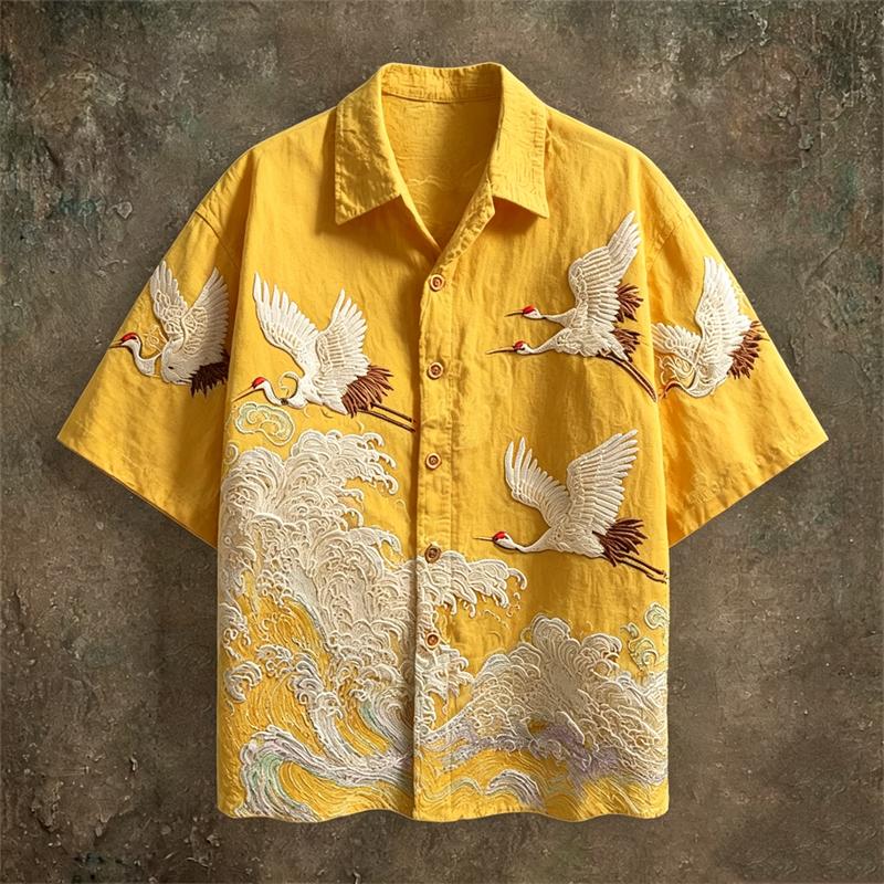 New Dark Green Embossed Dark Pattern Fabric with Flying Crane and Wave Printing for Men's Casual Short Sleeved Shirt