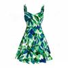 Women Plus Size Square Neck Strappy Open Shoulder Sleeveless Dress Green Blue Floral Printed Flared Hem