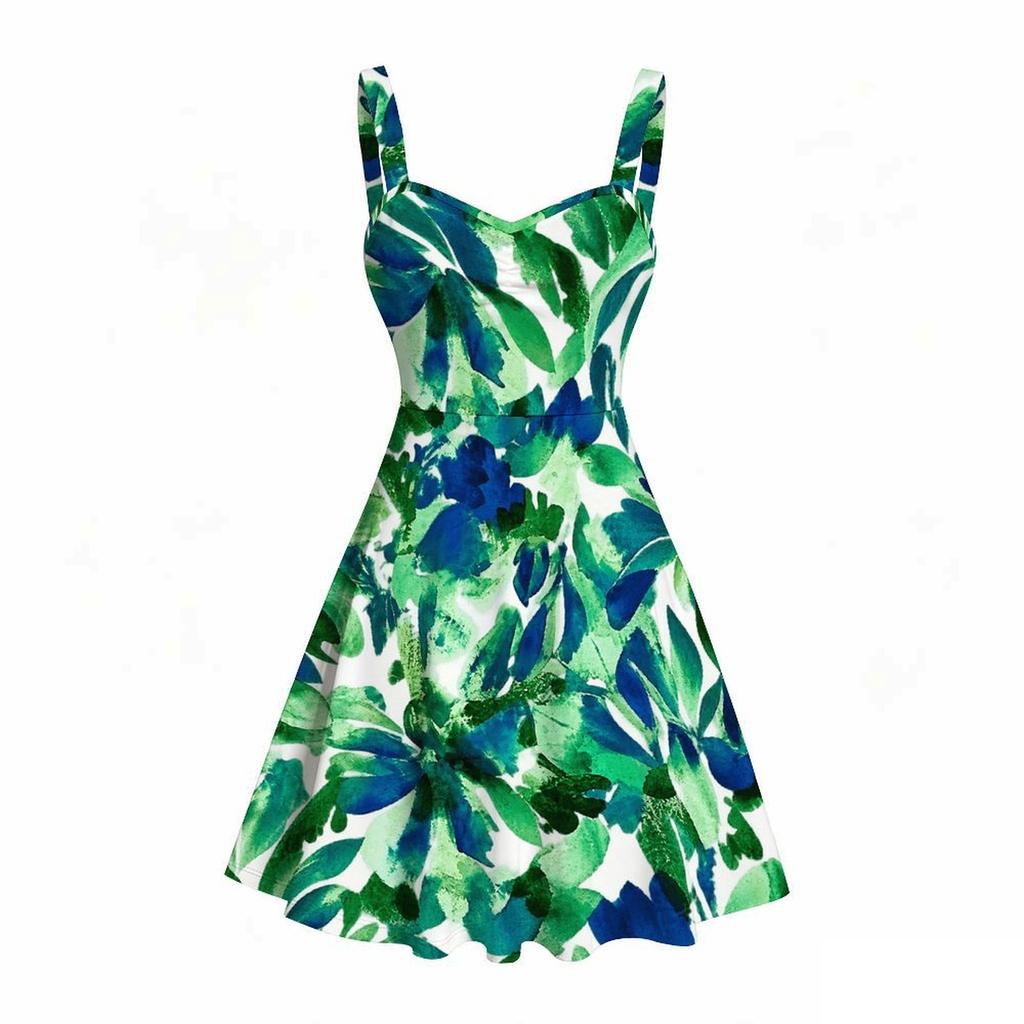 Women Plus Size Square Neck Strappy Open Shoulder Sleeveless Dress Green Blue Floral Printed Flared Hem