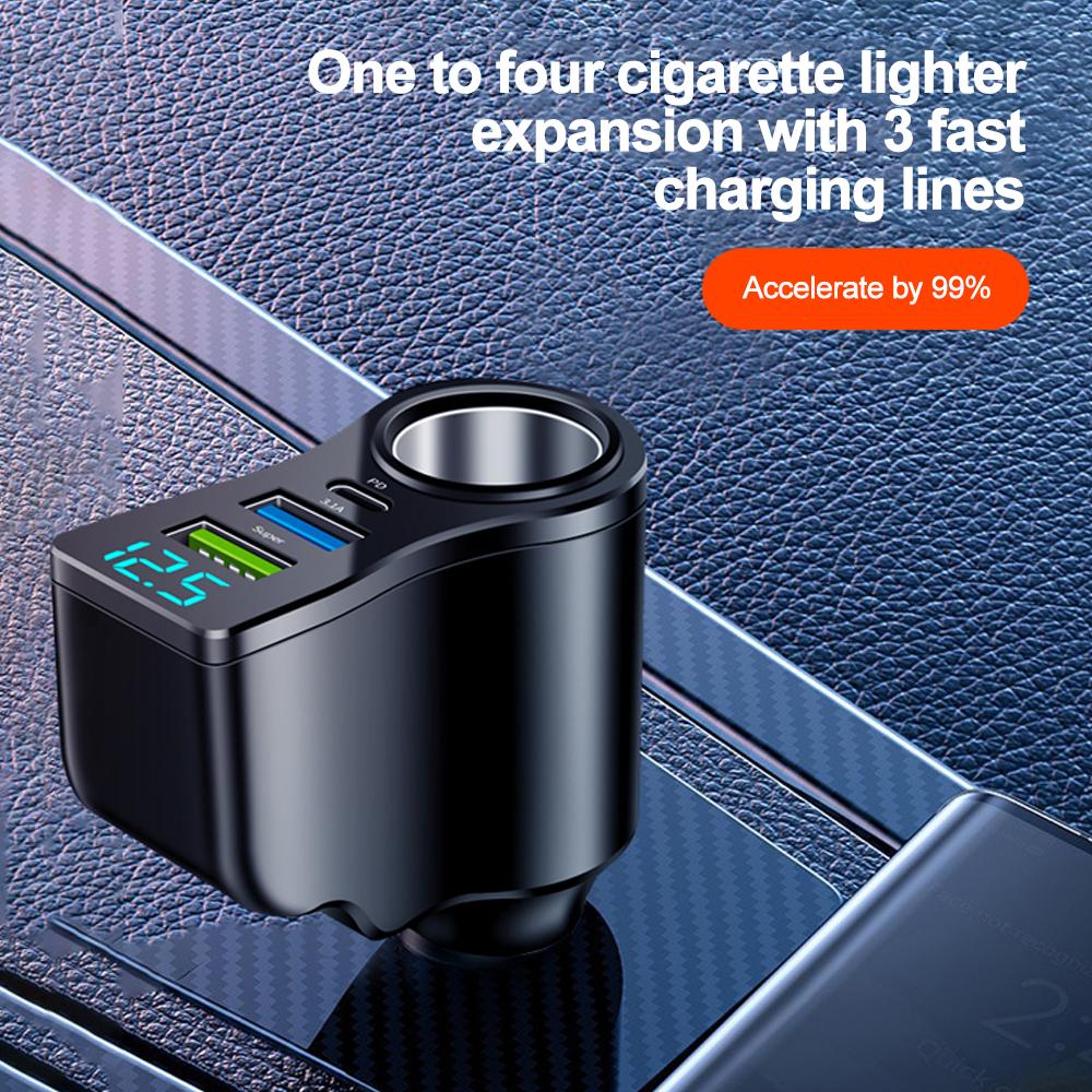 4-In-1 Power Adapter Car Charger Socket Distributor With 2 USB Ports 12V/24V USB Type-C PD Fast Charging with Digital Display