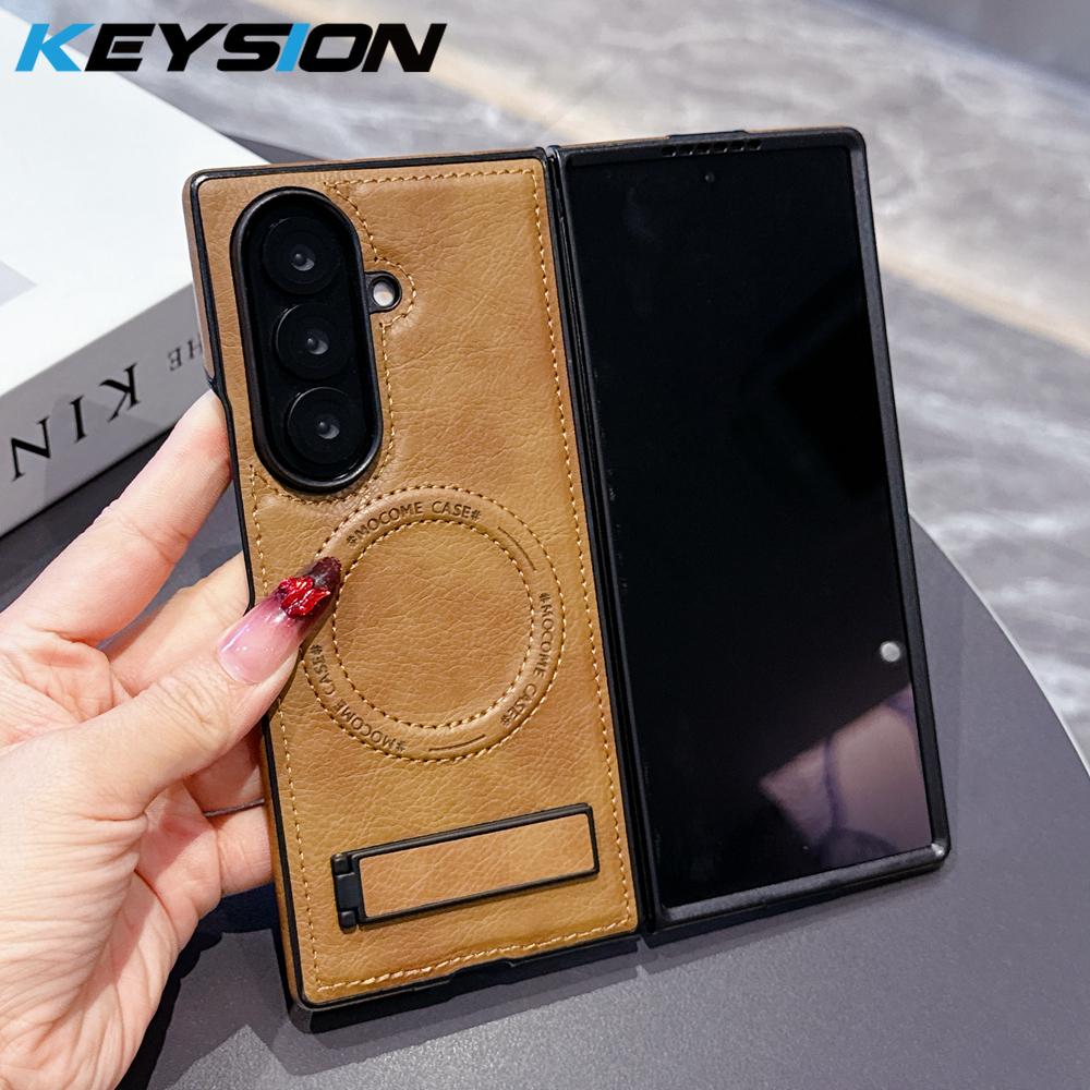 KEYSION Luxus PU Leder Magnetische Hülle für MagSafe für Samsung Galaxy Z Fold 7 5G Ständer Kabelloses Laden Handy Rückseite