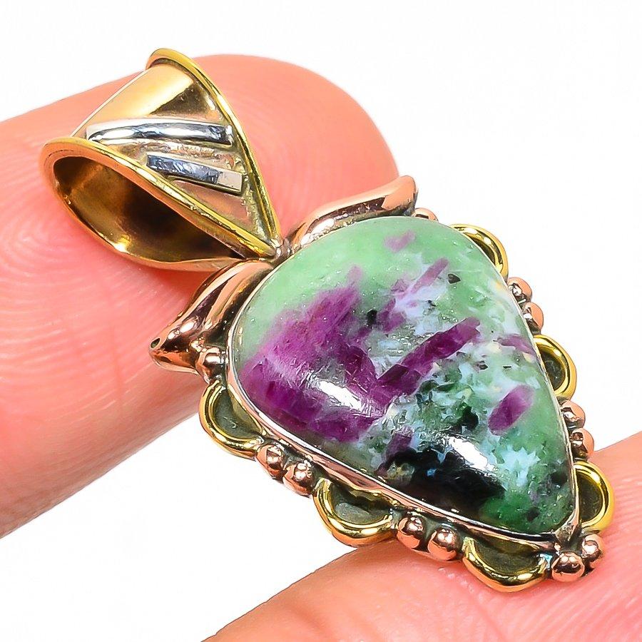 Ruby In Zoisite Lab-Created 925 Sterling Silver Gift Two Tone Pendant 1.30" u8d49
