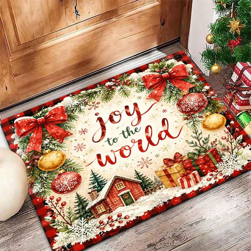 Winter Christmas Non Slip Red Black Plaid Bow Snowy House Design Indoor Outdoor Rug Xmas House Party Holiday Entry Decoration