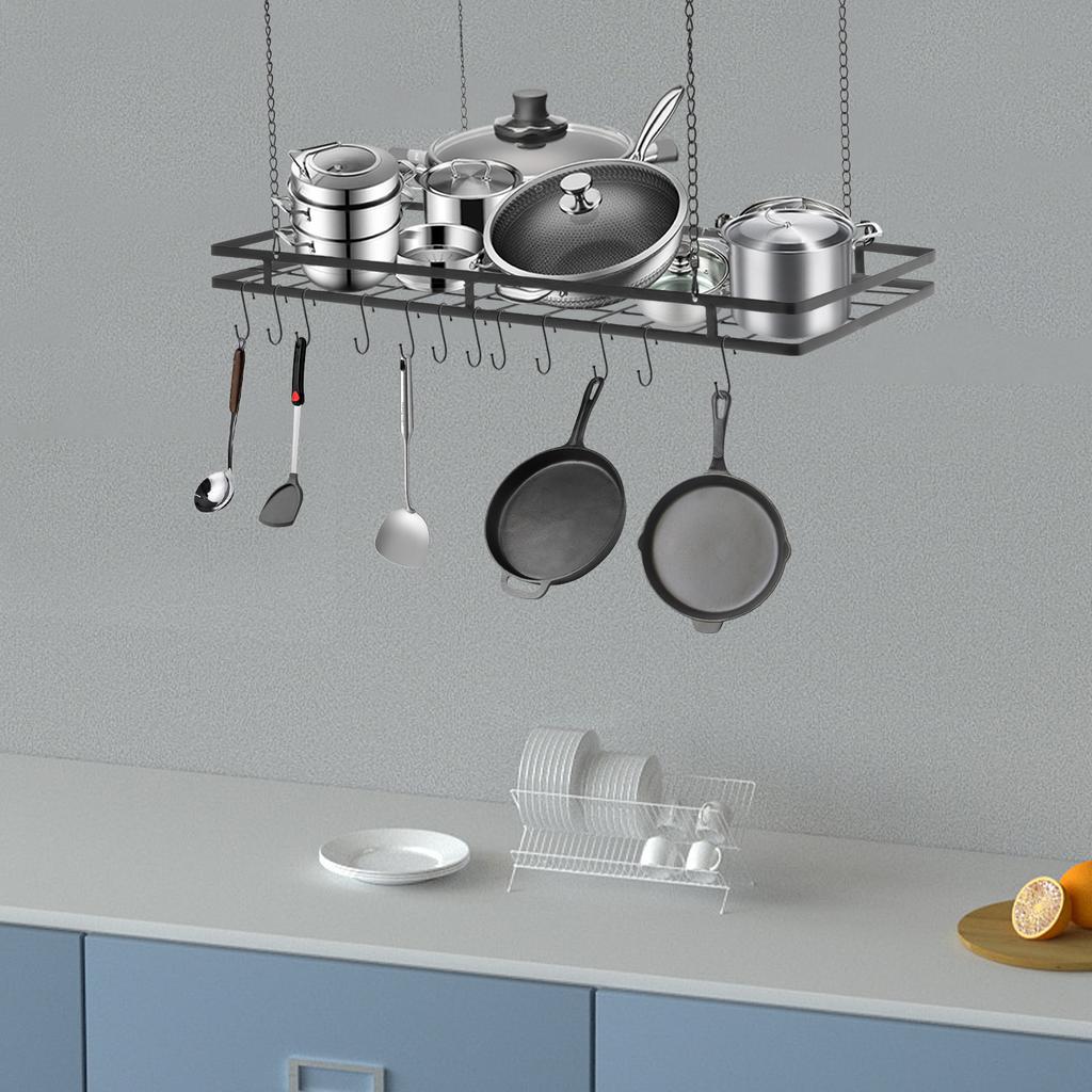Black 12-Hook Overhead Pot and Pan Rack Organizer, Large 31.5 Inch Hanging Kitchen Utensils Storage for Home & Commercial Use